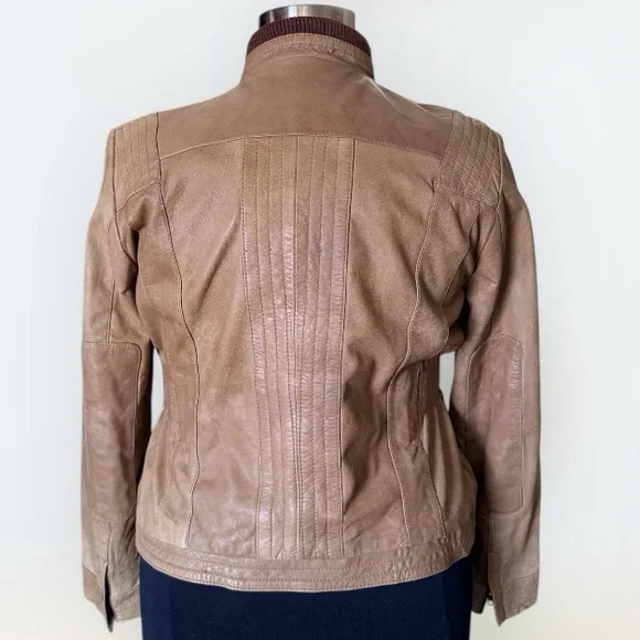 Black Rivet Soft Tan Leather Zippered Moto Bomber Jacket XL - Picture 4 of 8